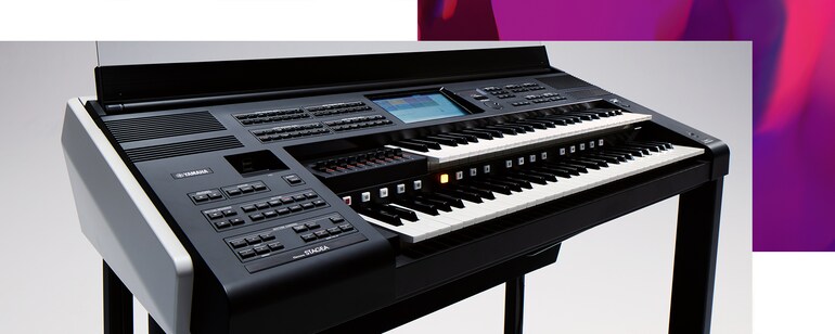 Yamaha Electone 的主視覺圖，以斜角視圖呈現控制面板以及上下鍵盤。