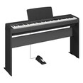 Diagonal side view of the P-145B (black model) in combination with the optional stand and metal sustain pedal