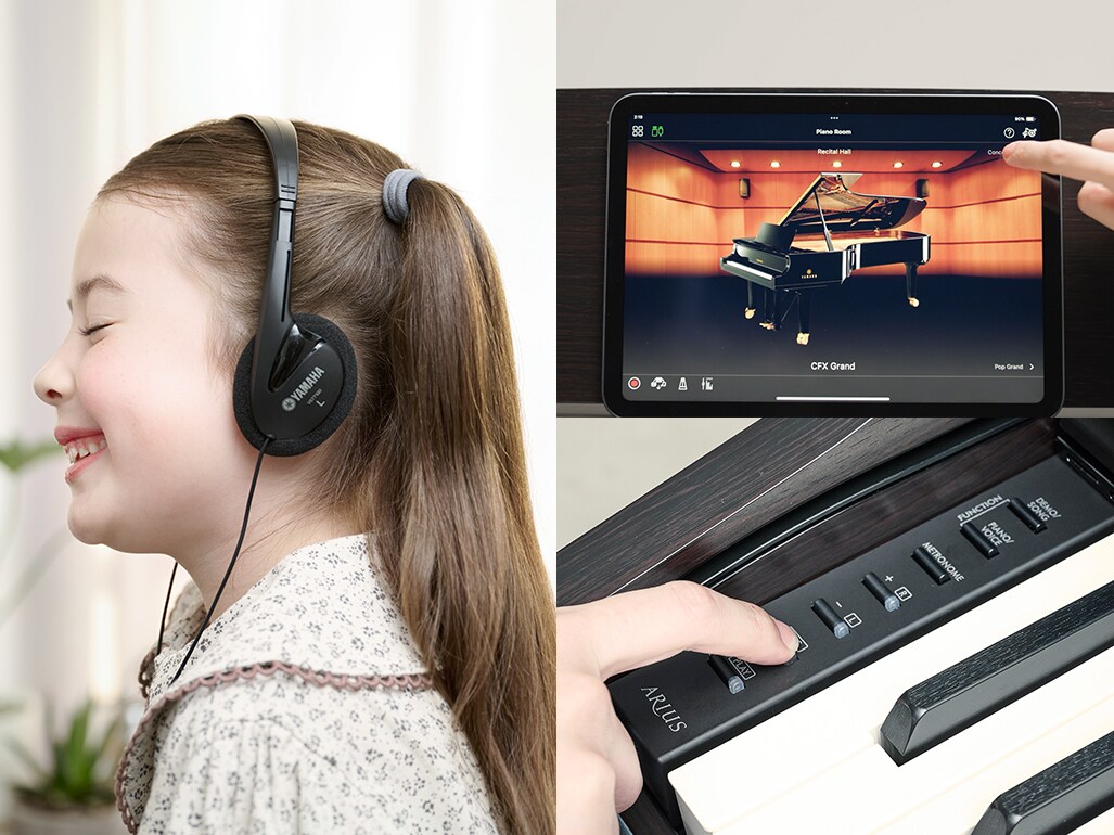 戴著耳機在數位鋼琴上練習、查看 Smart Pianist 應用程式螢幕，並使用鋼琴內建的控制功能進行錄音。