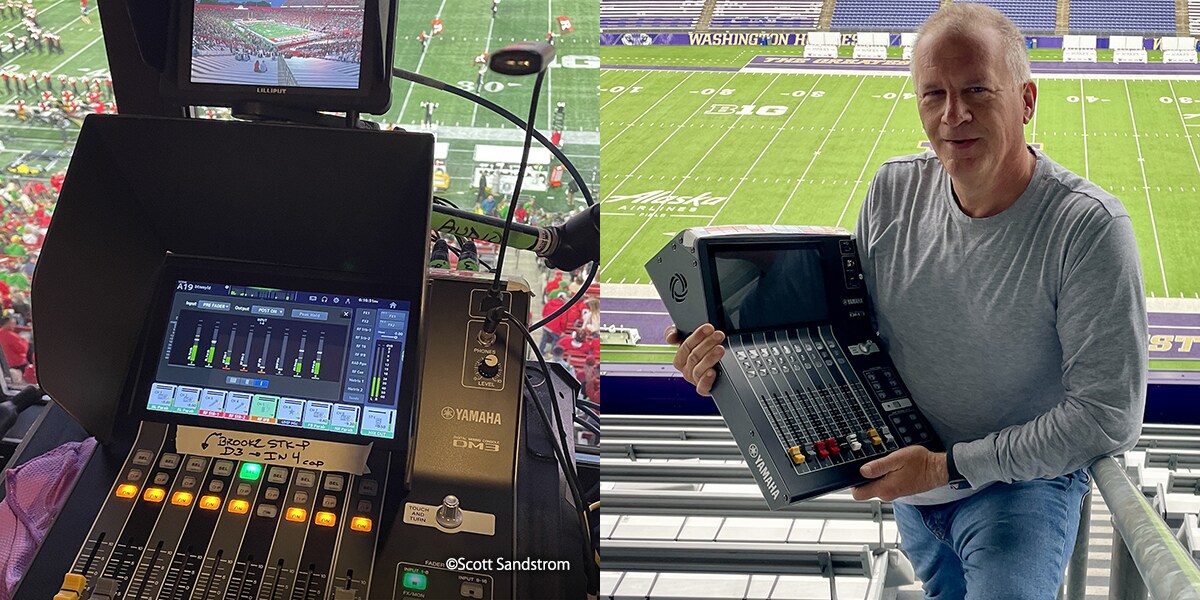 Two images: left shows a Yamaha DM3 mixing console installed in an NCAA stadium broadcast booth; right shows Scott Sandstrom holding a Yamaha DM3 digital mixing console at a stadium with the football field visible in the background