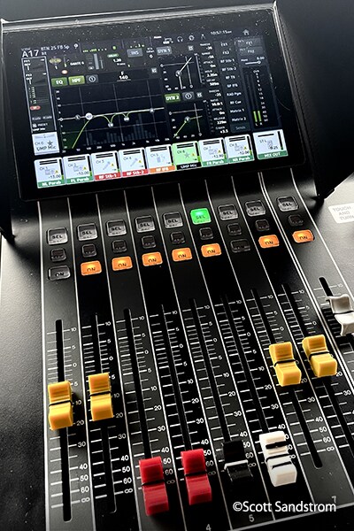 Yamaha DM3 digital mixing console screen displaying mix configuration with channel meters